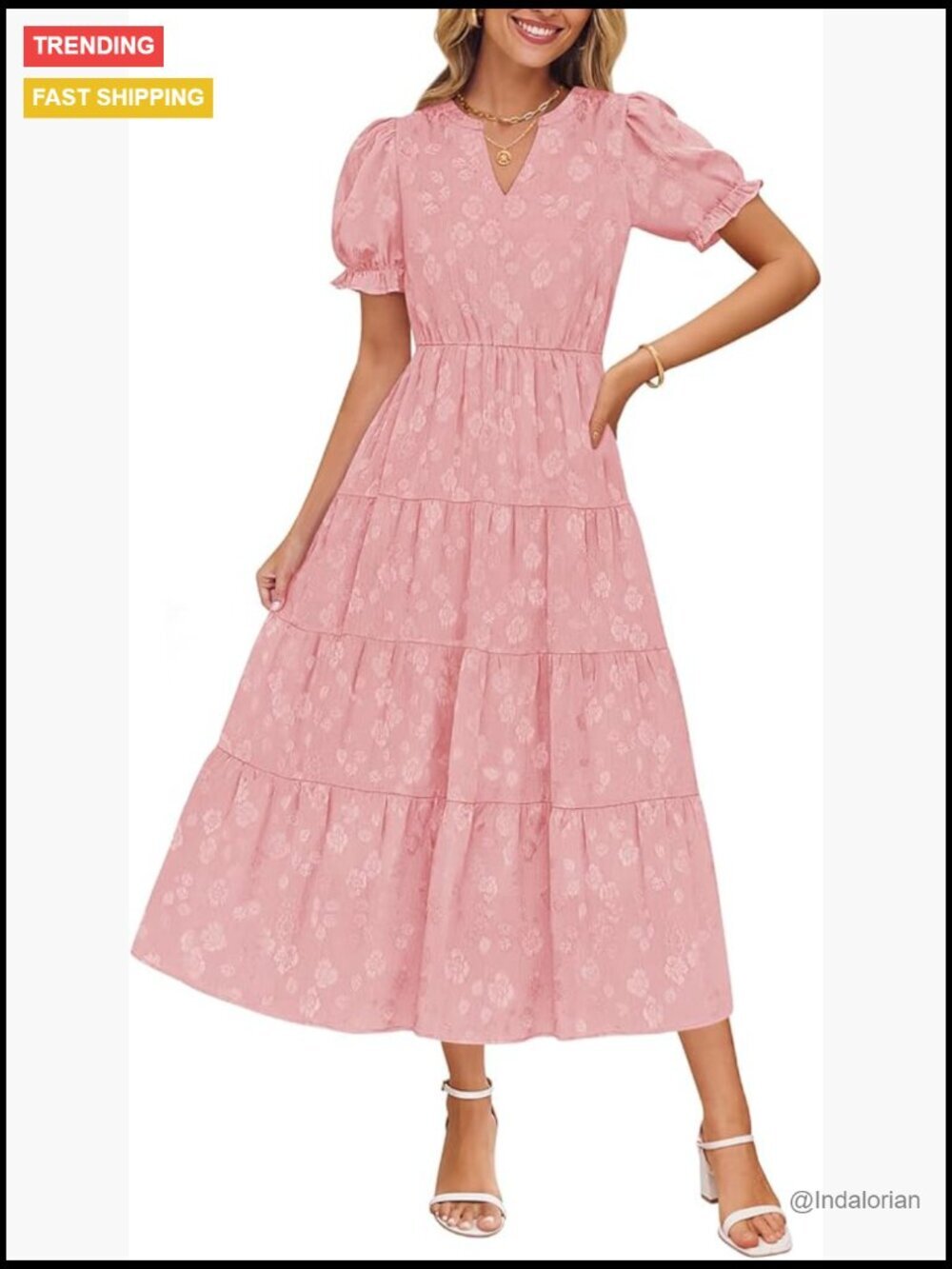 100% Polyester Floral Textured Midi Dress Puff Short Sleeve V Neck
